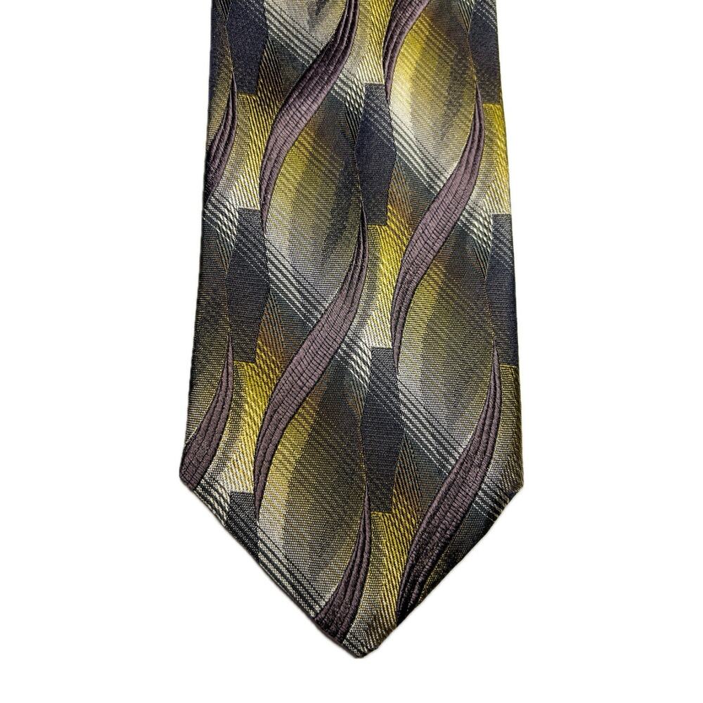 Pavone Made in Italy 100% Silk Geometric Wave Tie Gold Olive Purple Retro 90s
